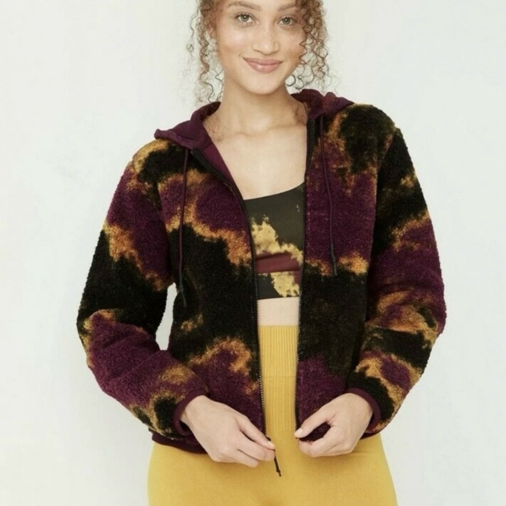 Joy Lab Fleece Sherpa Multicolor Women's Jacket Size L Hooded Adjustable Hem - Picture 1 of 9
